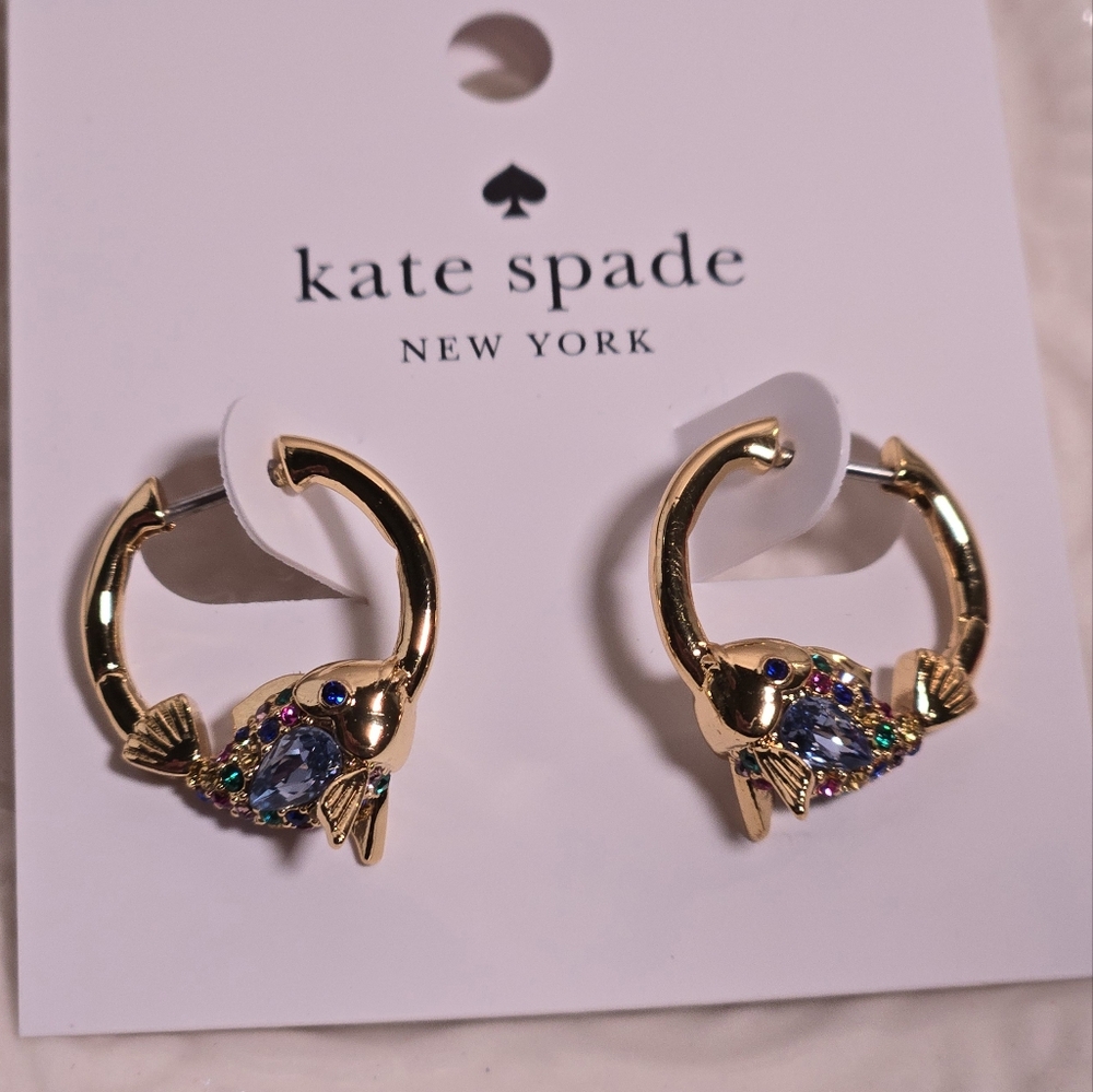 Kate Spade What a Catch Earrings Blue Multi Crystals and Goldtone Fish NWT